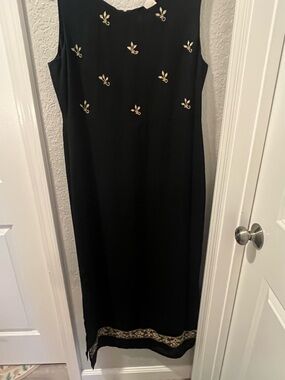 Emma James Black Midi Dress with Gold Embroidered Motifs